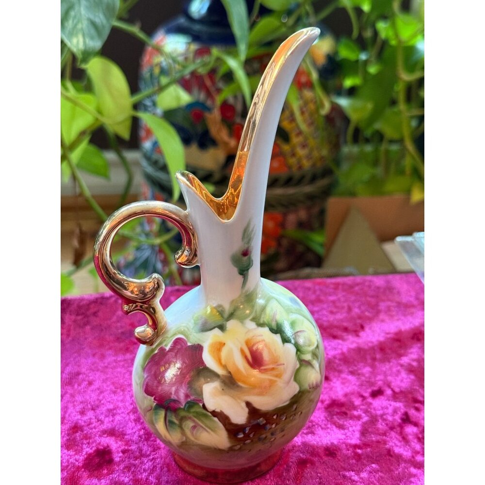Vintage Ucagco Hand-Painted Floral Pitcher Vase With Gold Accents Japan